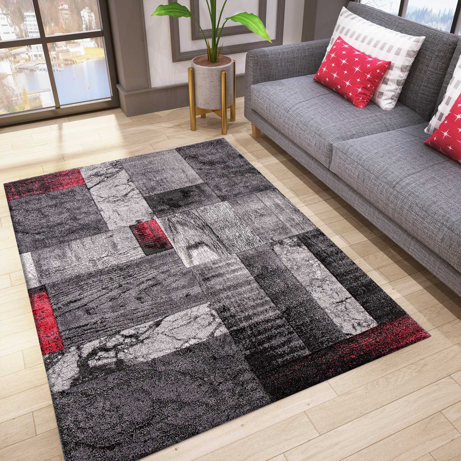 Designer rug, living room interior design, modern marble red look rug, frieze-1
