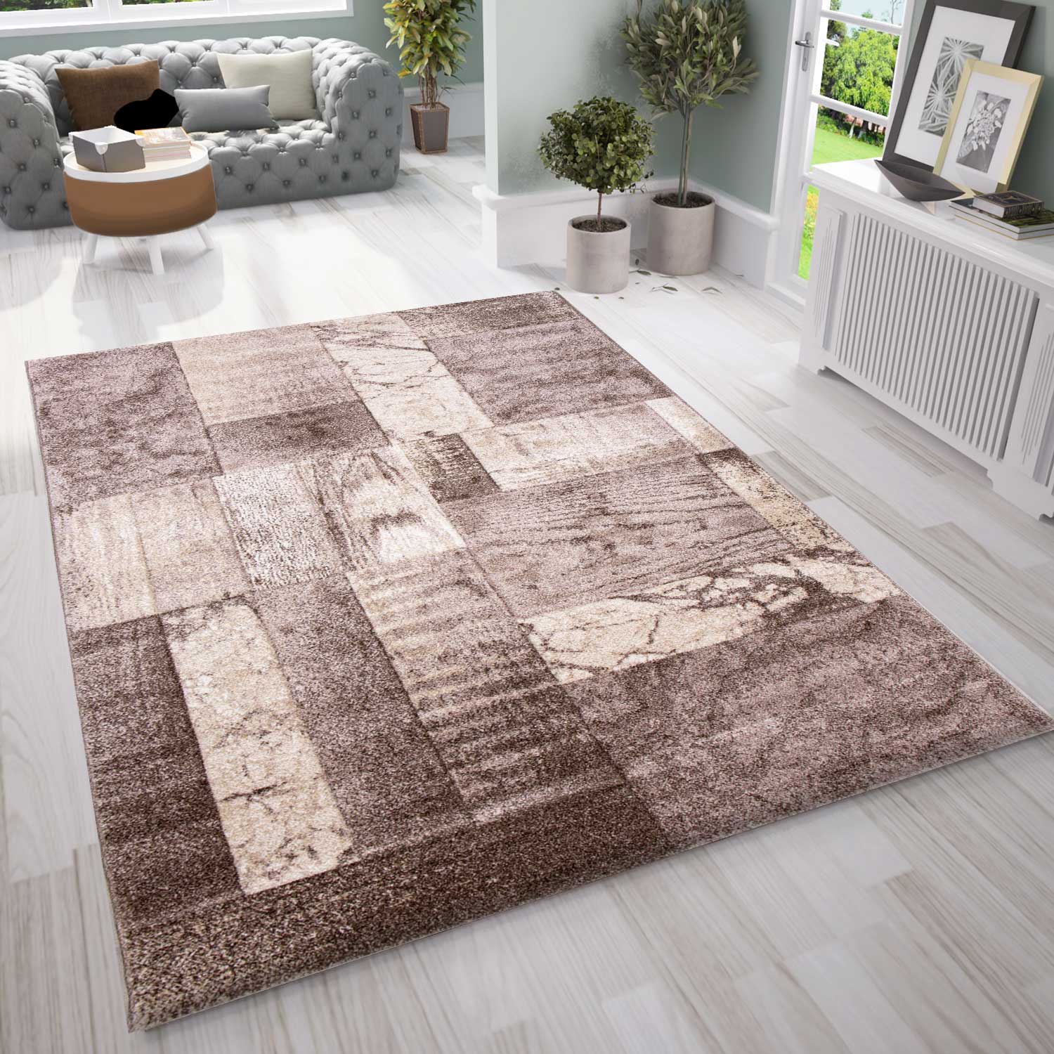 Designer rug for living room, modern beige interior design