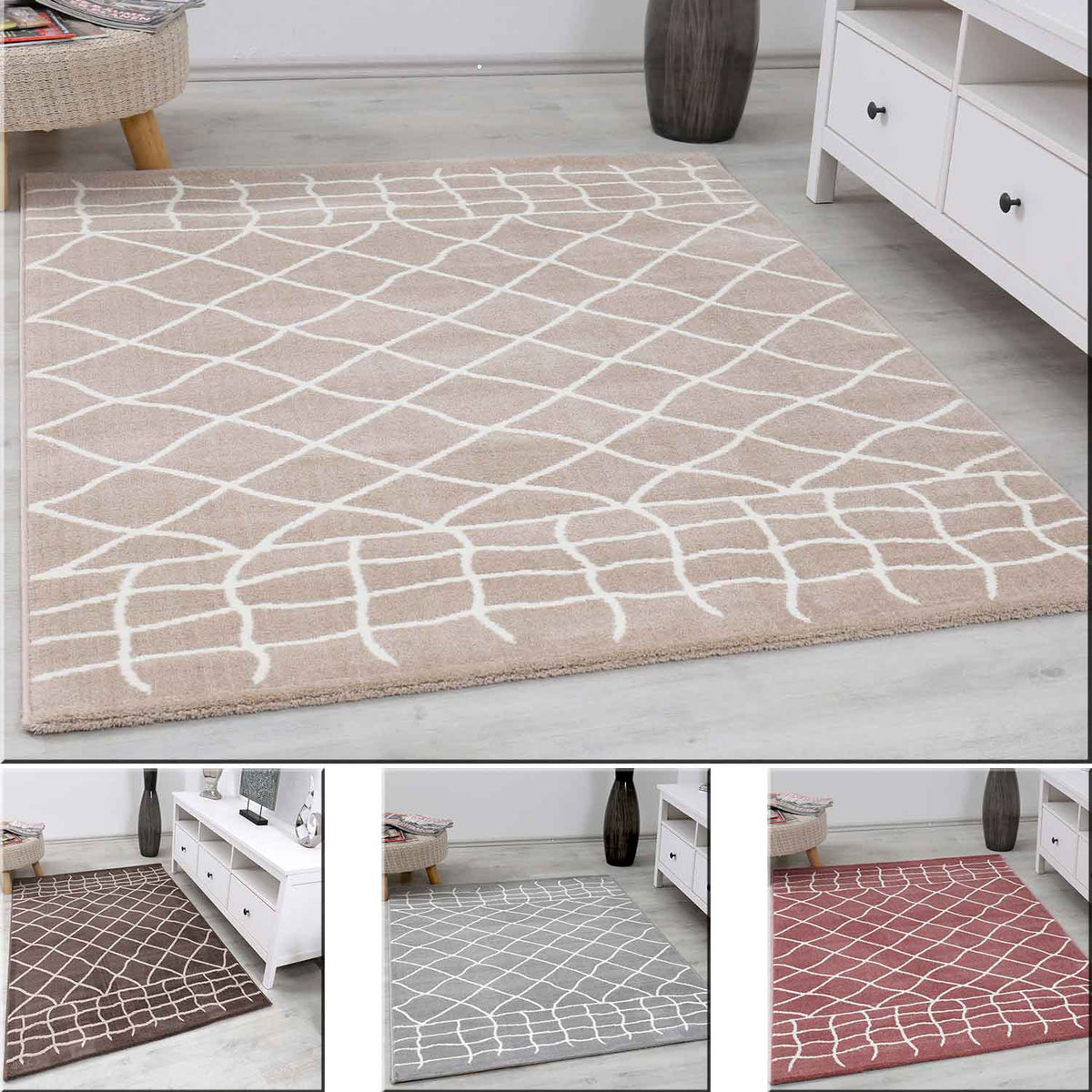 Designer rug in various colors, fluffy microfiber, densely woven, Moroccan pattern