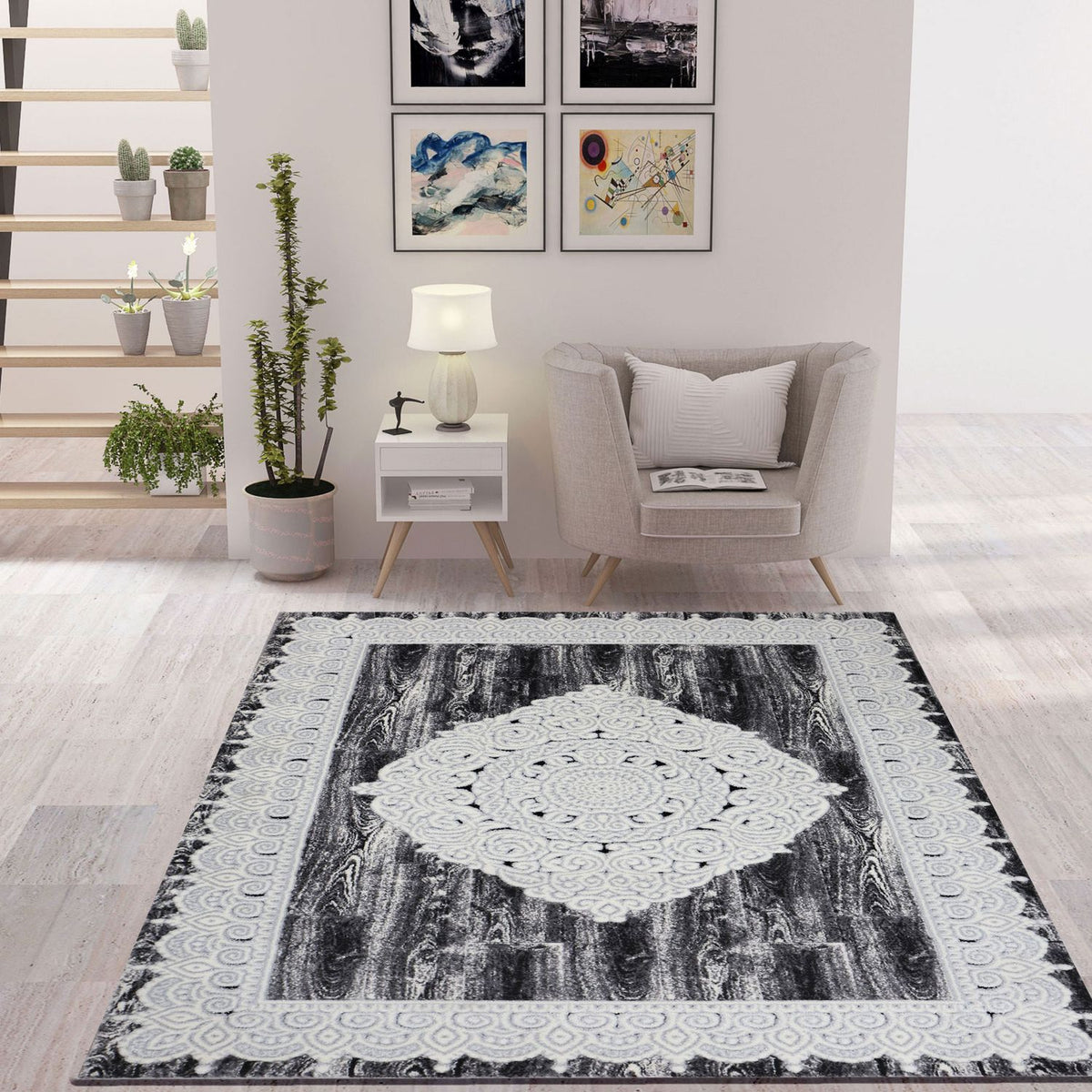 Designer Living Room Rug Grey Elegant Oriental