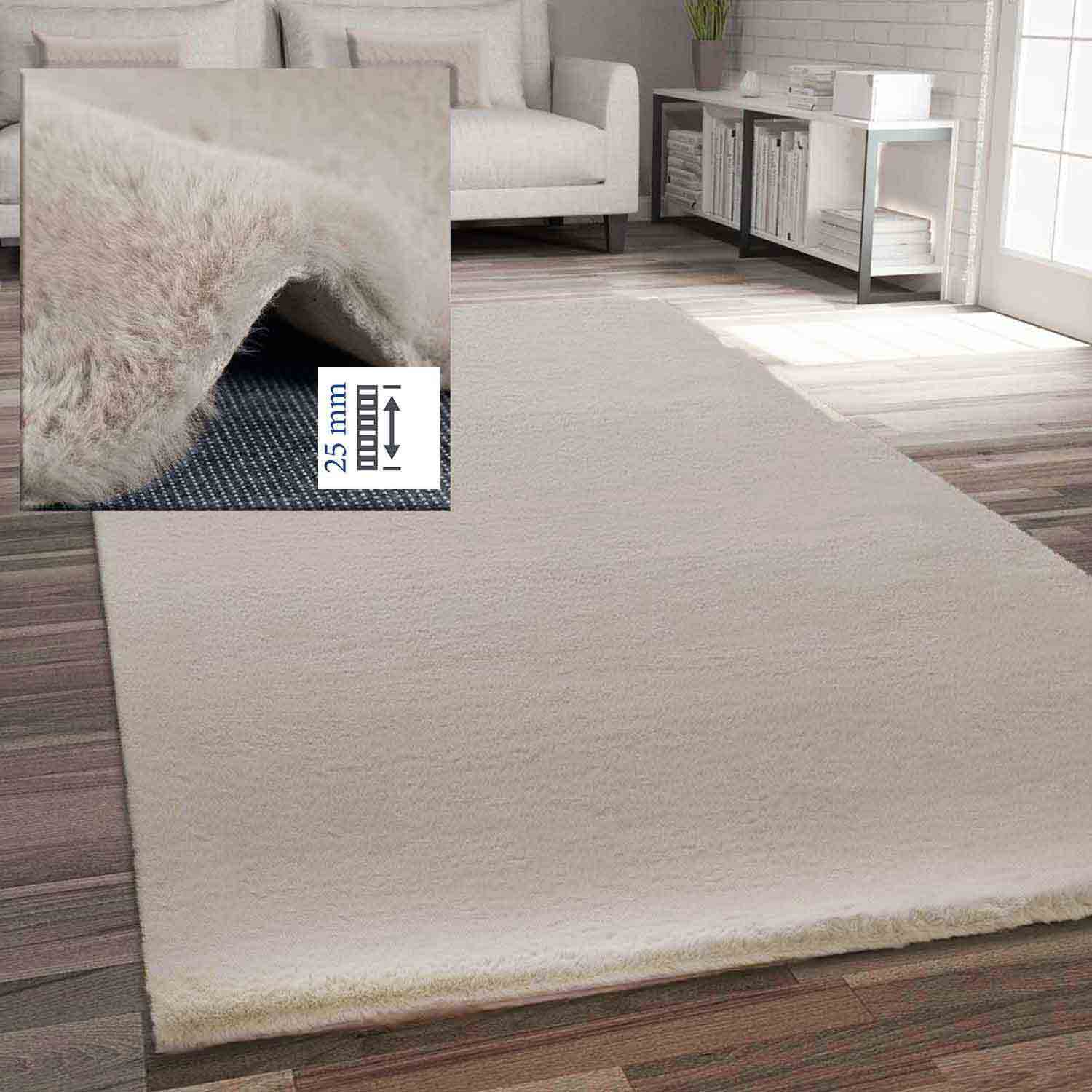 Faux fur rug in beige, dense, fluffy, silky sheen-zoom-1