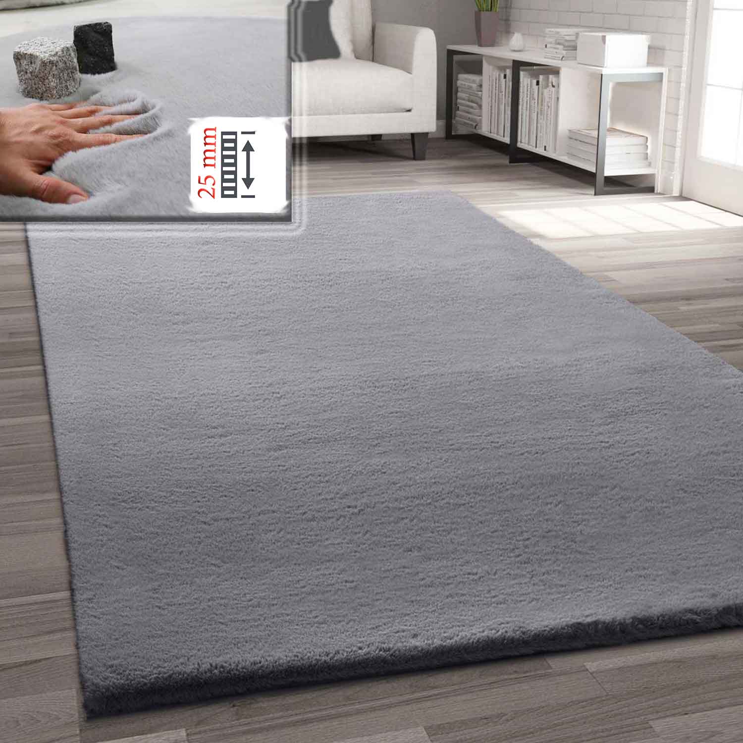 Faux fur rug in grey, dense, fluffy, silky sheen, high pile-2