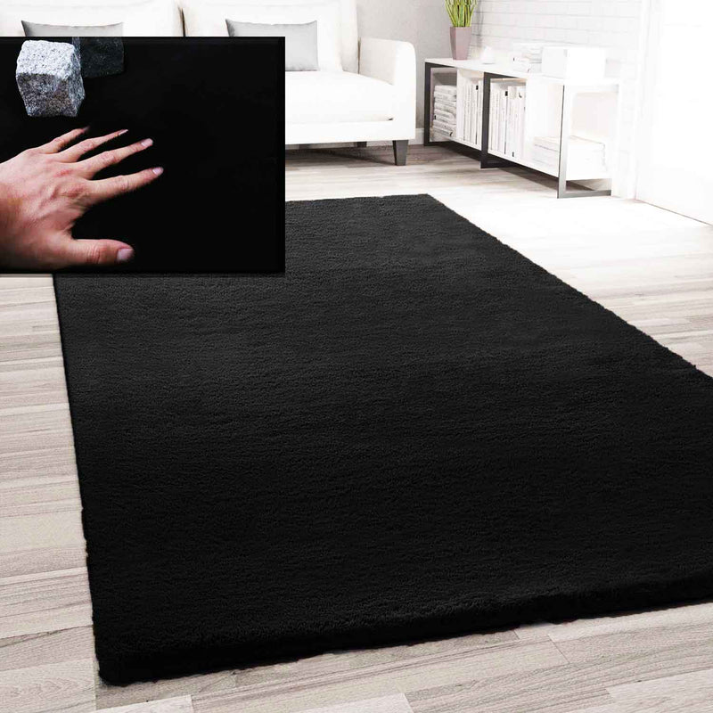 Faux fur rug in black, dense, fluffy, silky sheen-zoom-