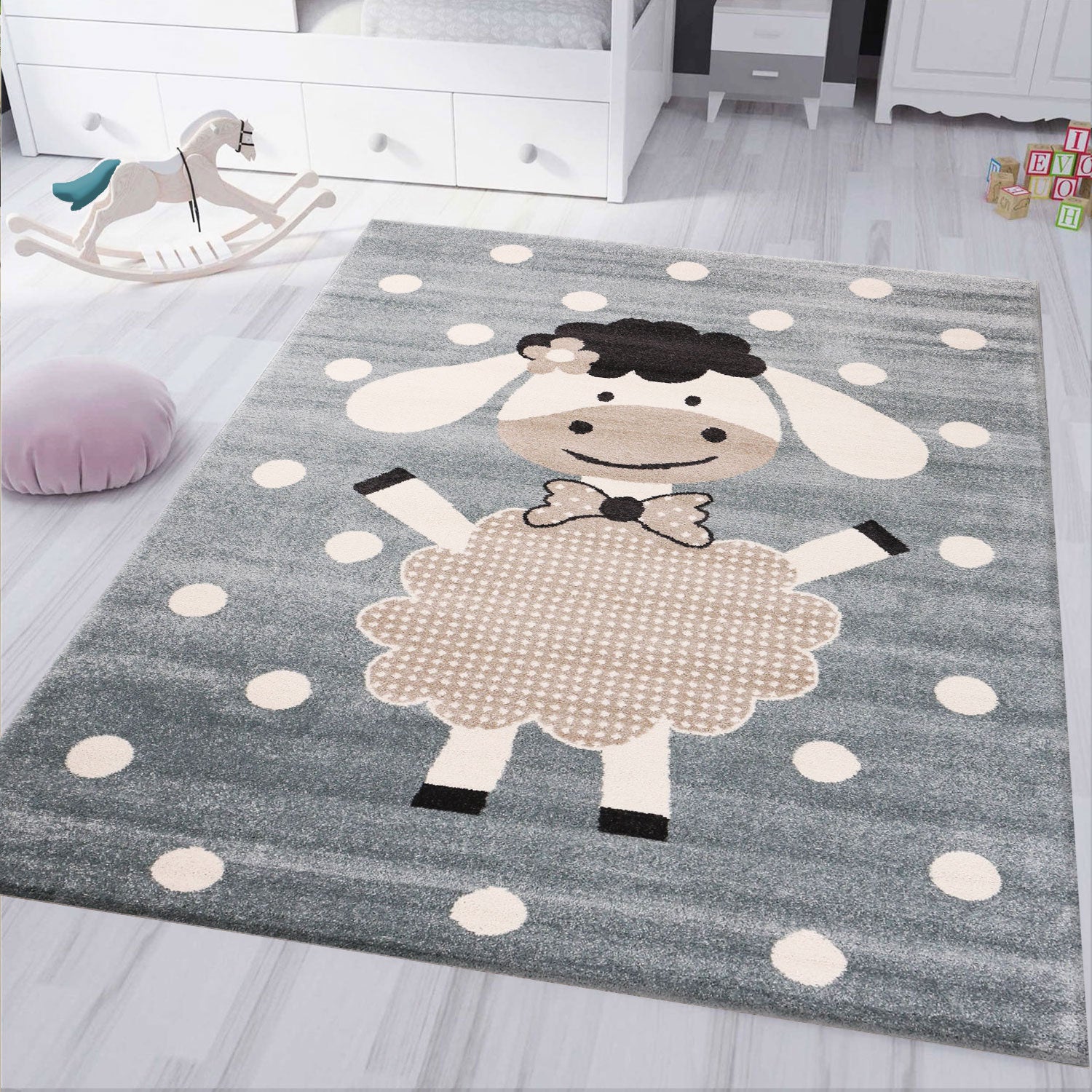 Children's rug, nursery rug, baby rug, cheerful sheep, mint blue, beige dots-1