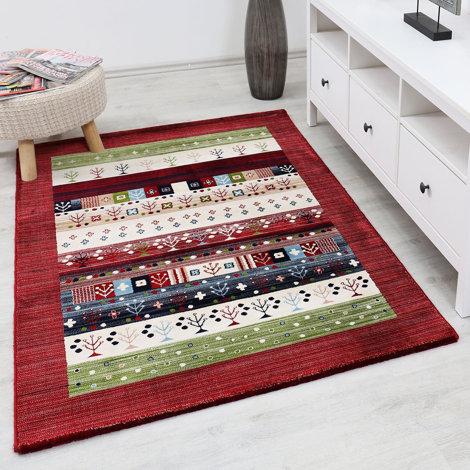 Gabbeh-style rug, colorful and mottled with border
