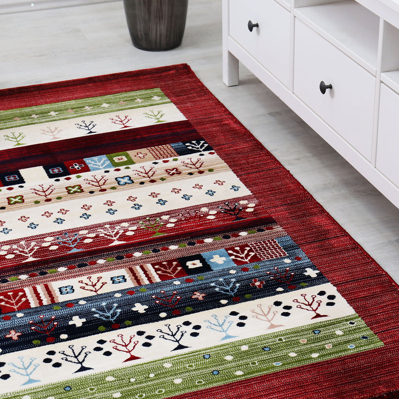 Gabbeh-style rug, colorful and mottled with border-zoom-