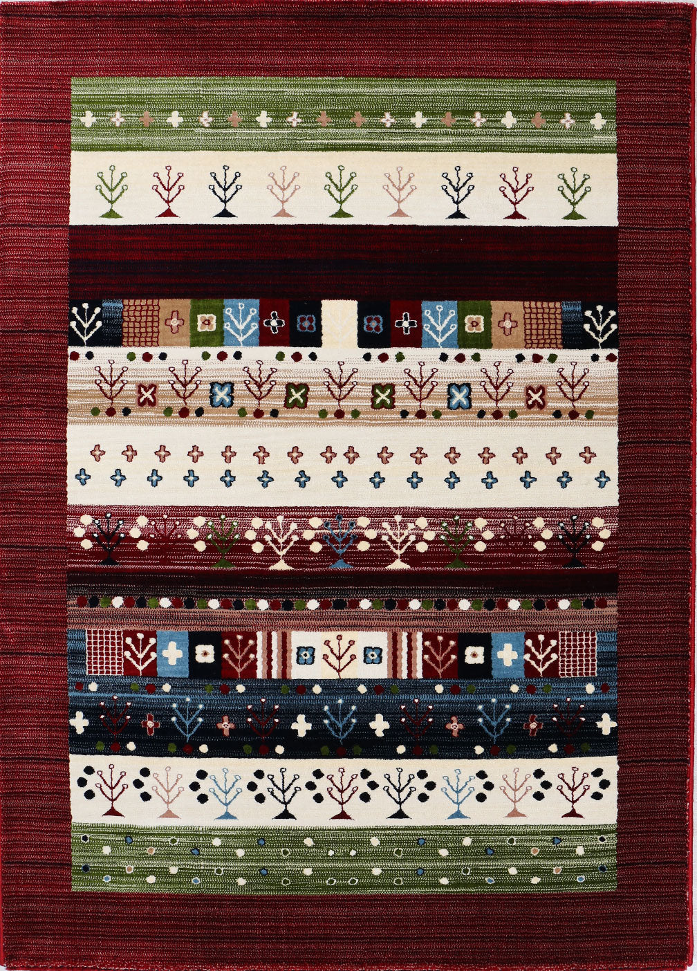 Gabbeh-style rug, colorful and mottled with border