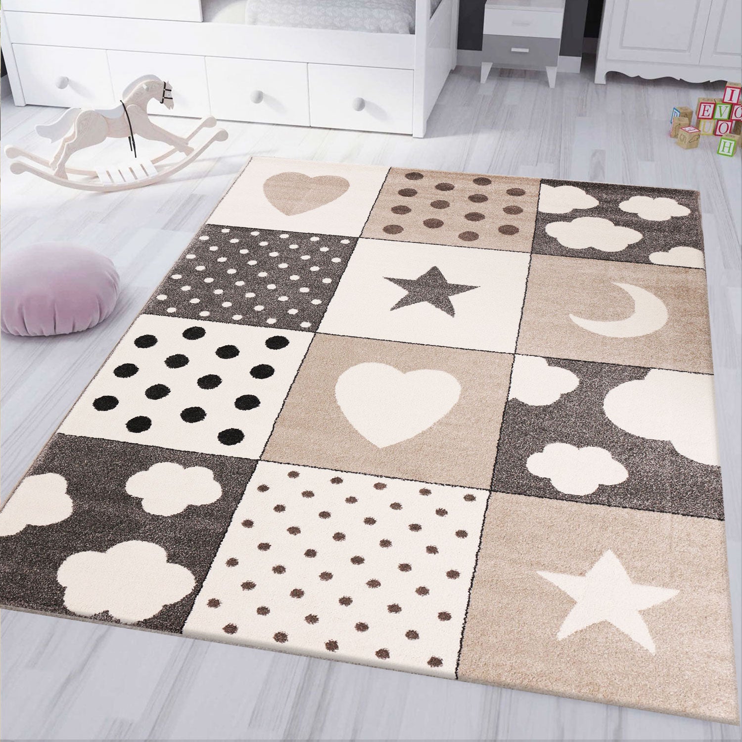 Children's Rug | Baby Rug | Patchwork Cloud, Heart, Stars, Moon, Dots | Children's Rug for Girls and Boys | Rug for Children's Room | Color: Gray, Beige & Cream-1