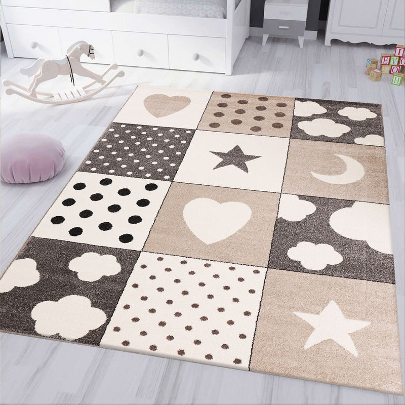 Children's Rug | Baby Rug | Patchwork Cloud, Heart, Stars, Moon, Dots | Children's Rug for Girls and Boys | Rug for Children's Room | Color: Gray, Beige & Cream-zoom-