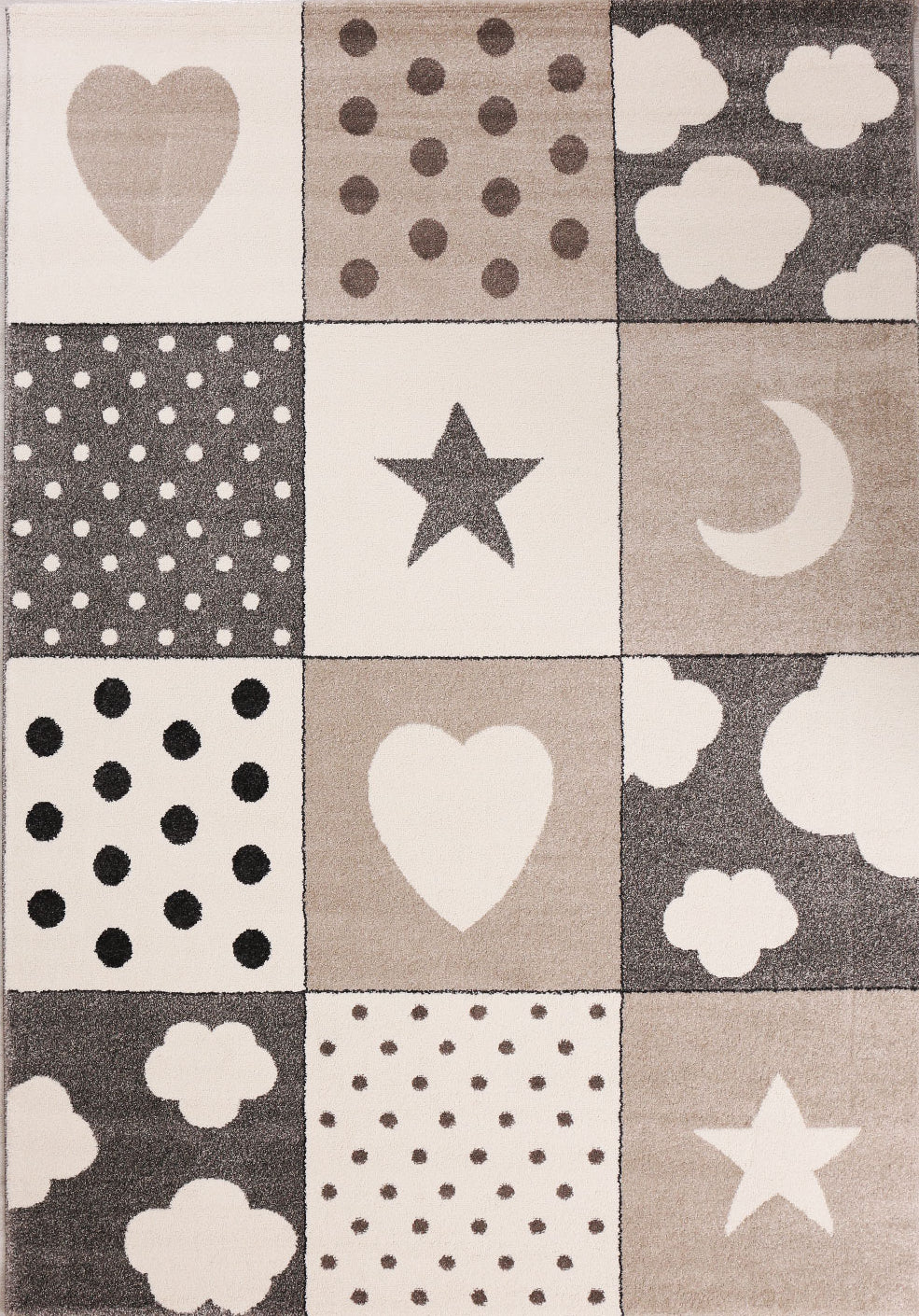 Children's Rug | Baby Rug | Patchwork Cloud, Heart, Stars, Moon, Dots | Children's Rug for Girls and Boys | Rug for Children's Room | Color: Gray, Beige & Cream-zoom-5
