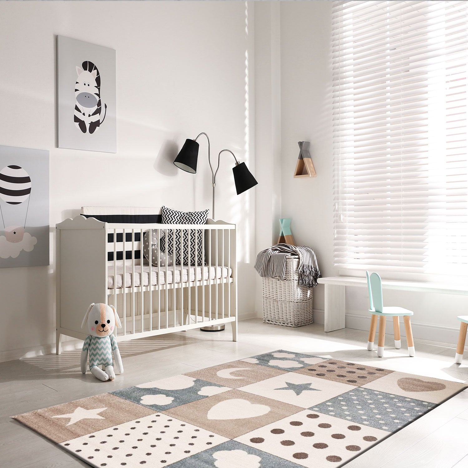 Fluffy children's room rug with hearts, clouds, and patchwork design-zoom-1