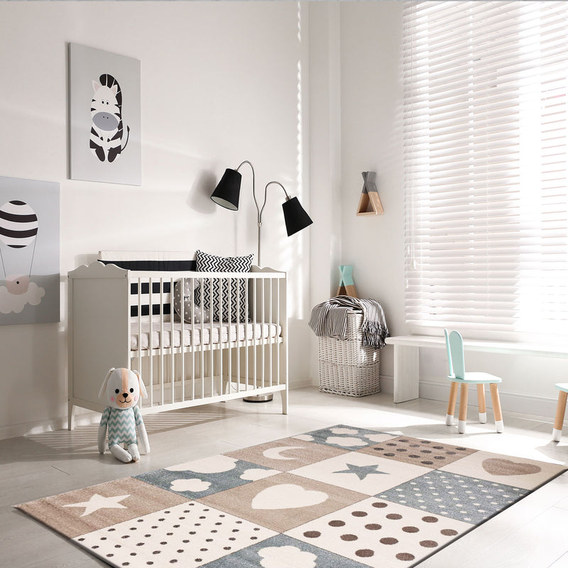 Fluffy children's room rug with hearts, clouds, and patchwork design-zoom-