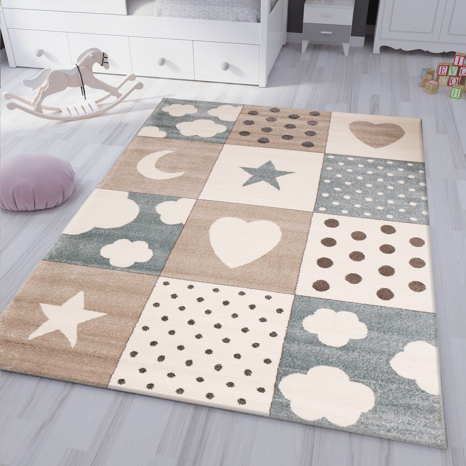 Fluffy children's room rug with hearts, clouds, and patchwork design-2