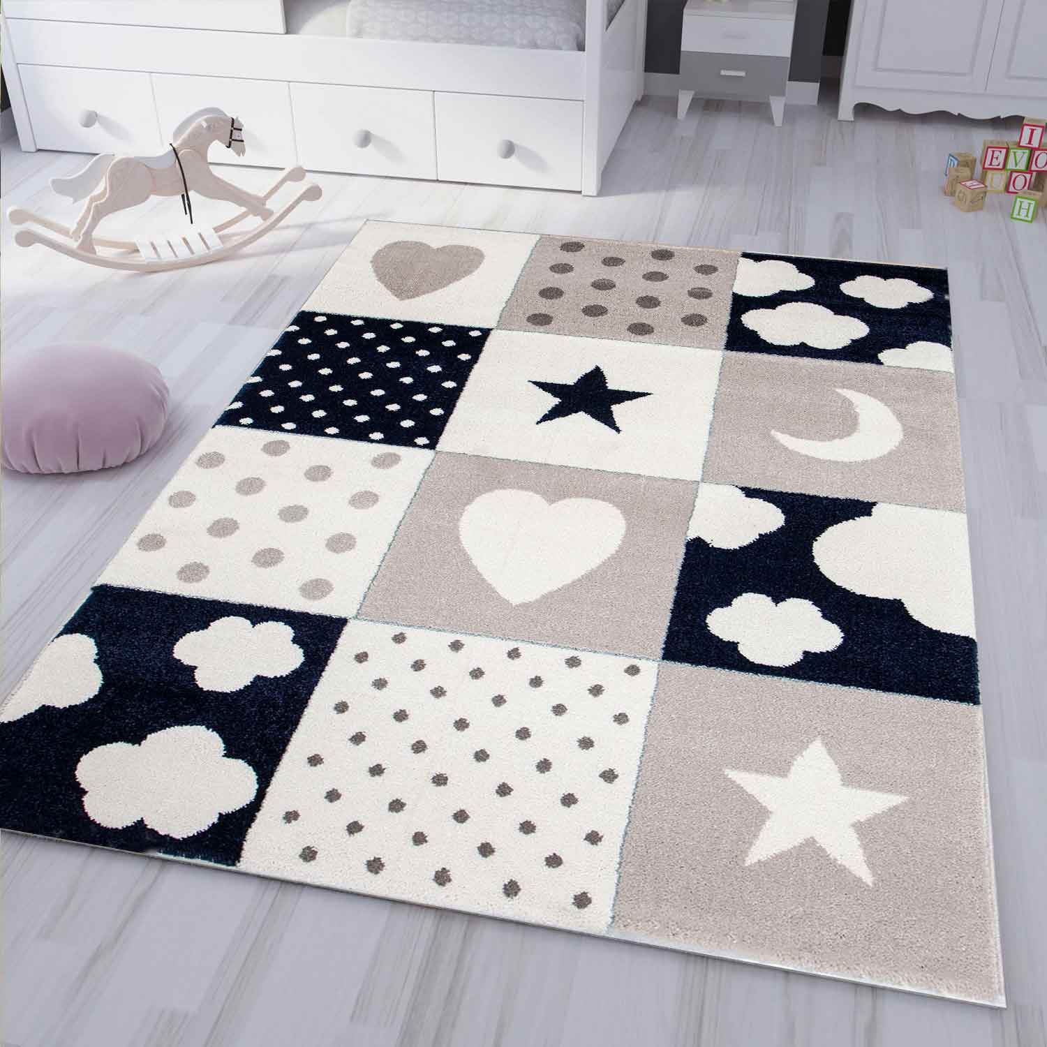 Children's rug, nursery rug, baby rug with heart, star, cloud, blue, beige, cream-zoom-1