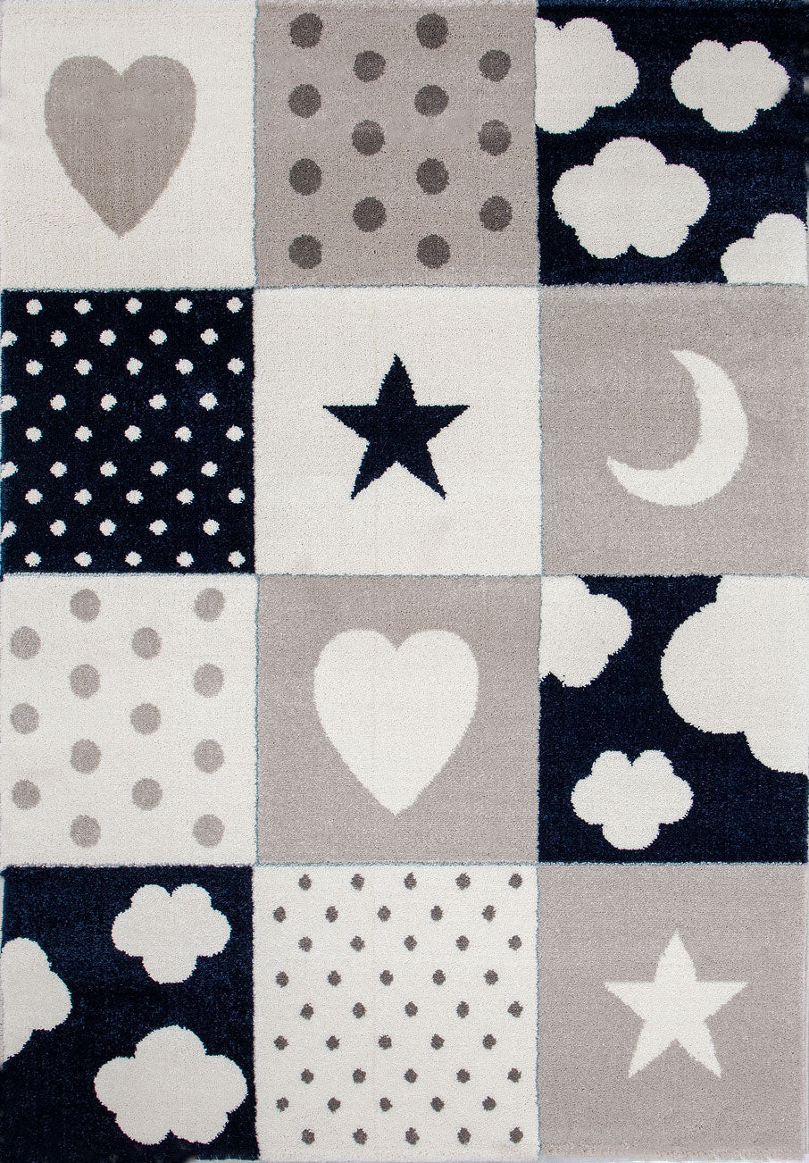 Children's rug, nursery rug, baby rug with heart, star, cloud, blue, beige, cream