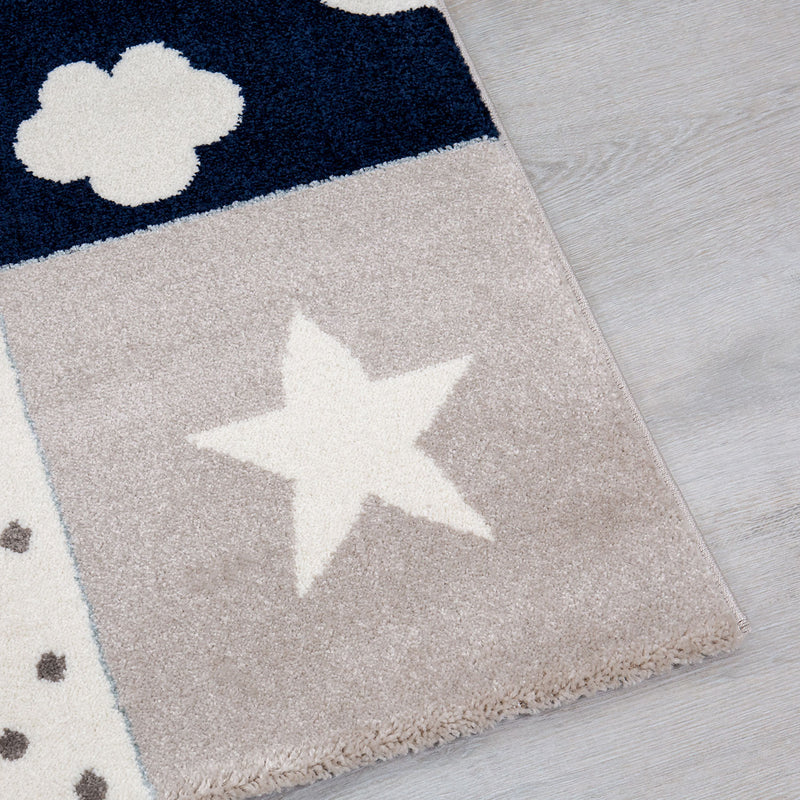 Children's rug, nursery rug, baby rug with heart, star, cloud, blue, beige, cream-zoom-