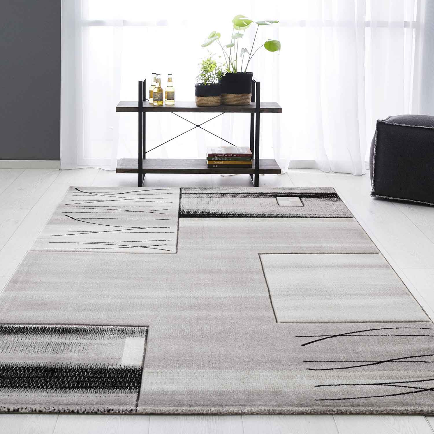 Designer living room rug, grey tile look with color gradient and contour cut-zoom-1