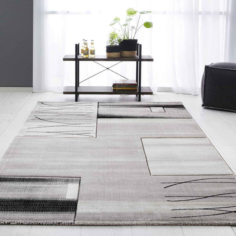 Designer living room rug, grey tile look with color gradient and contour cut-zoom-