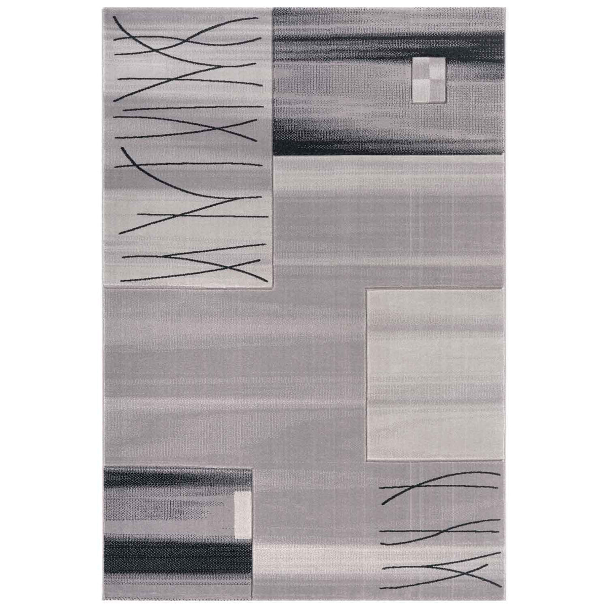 Designer living room rug, grey tile look with color gradient and contour cut