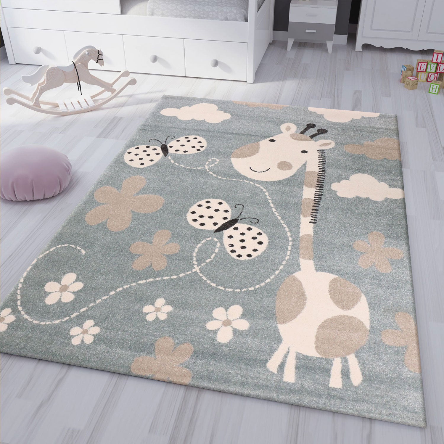 Giraffe children's rug with butterfly and flowers | Children's rug for girls and boys | Blue rug for children's rooms | Children's room rugs-3