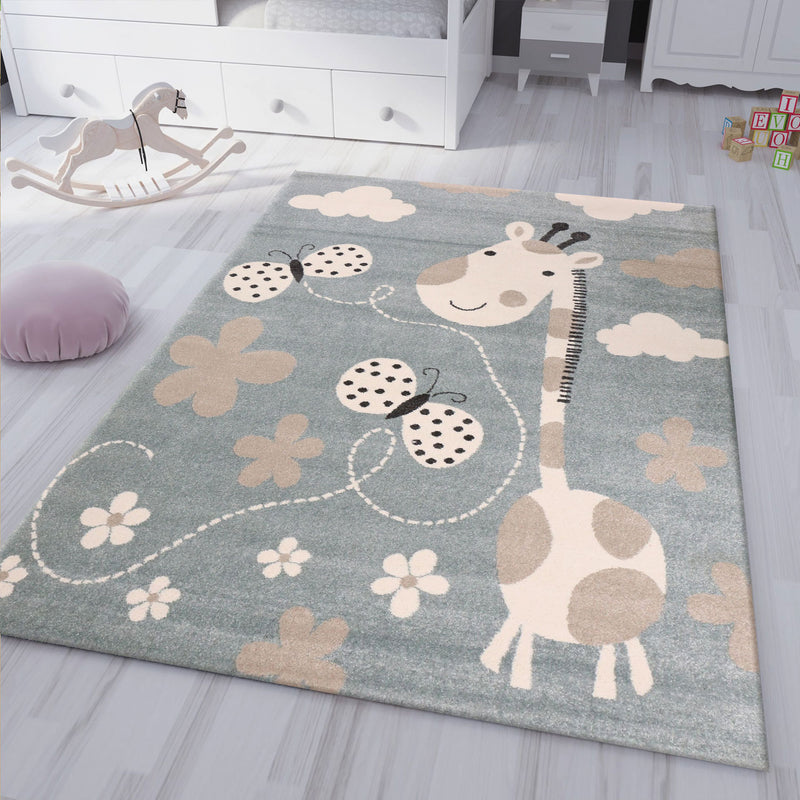 Giraffe children's rug with butterfly and flowers | Children's rug for girls and boys | Blue rug for children's rooms | Children's room rugs-zoom-
