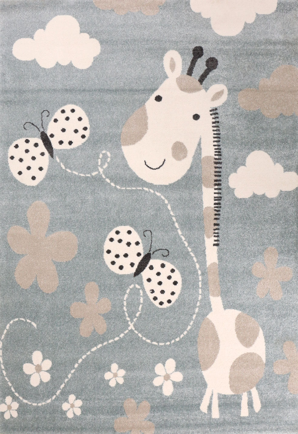 Giraffe children's rug with butterfly and flowers | Children's rug for girls and boys | Blue rug for children's rooms | Children's room rugs