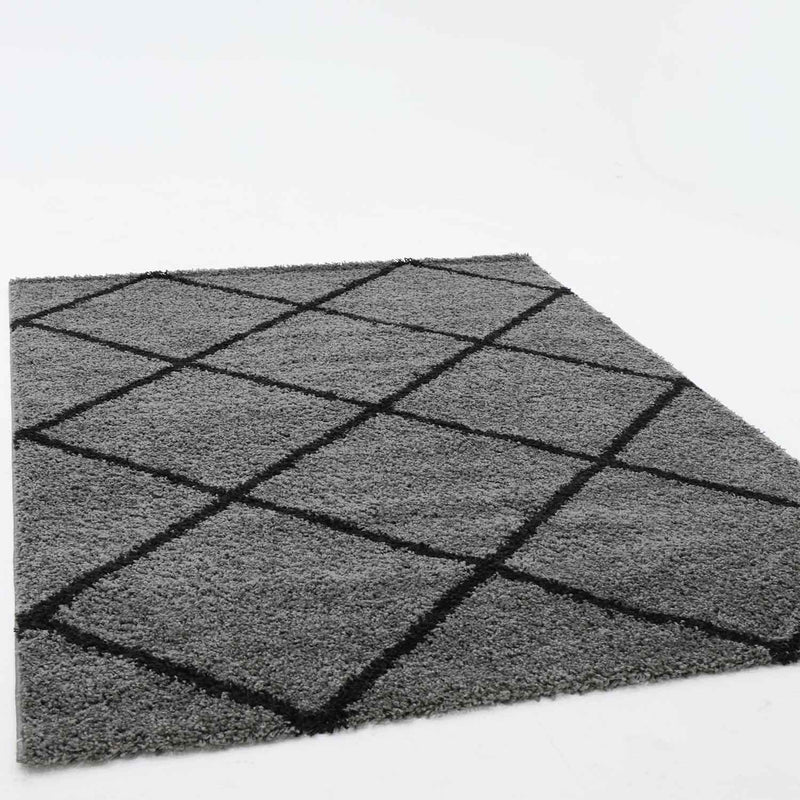 High-pile rug living room shaggy diamond pattern grey anthracite Scandi design durable ethnic-zoom-