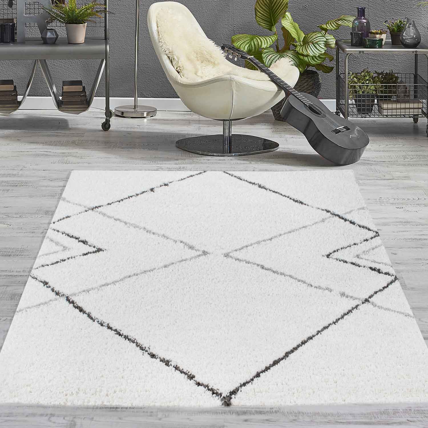 High-pile shaggy rug, diamond pattern design, living room, cream, grey, anthracite-zoom-1