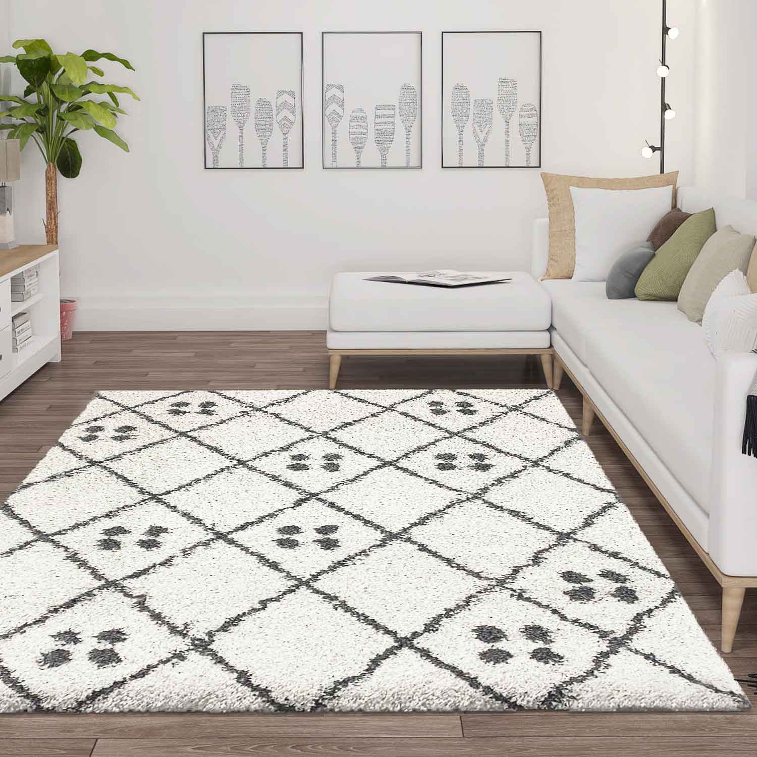 High-pile shaggy rug, diamond pattern with dots, Scandinavian style, cream/anthracite-zoom-1