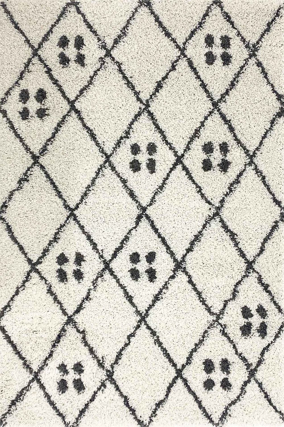 High-pile shaggy rug, diamond pattern with dots, Scandinavian style, cream/anthracite