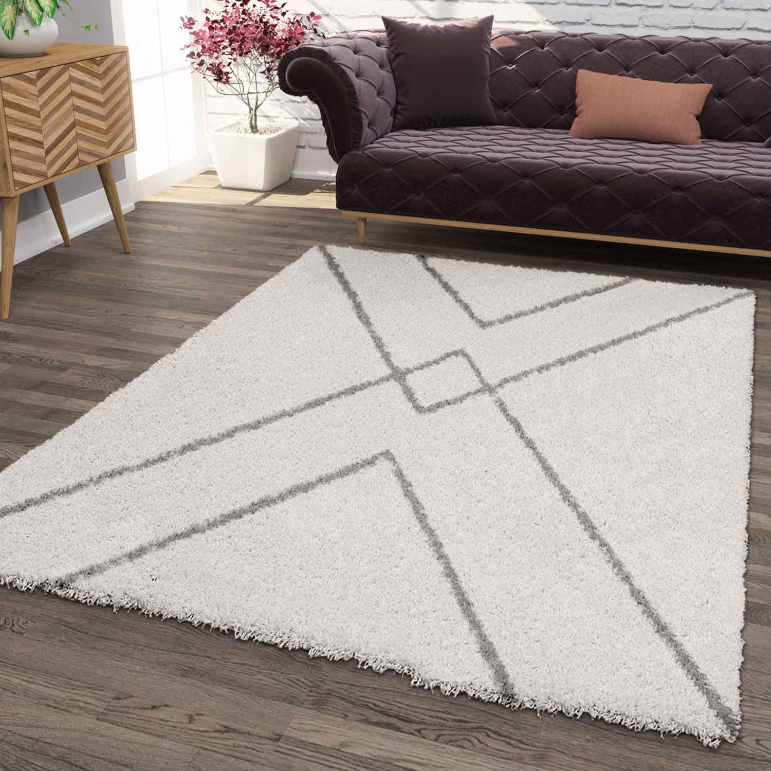 High-pile rug, soft living room shaggy Scandinavian style diamond pattern