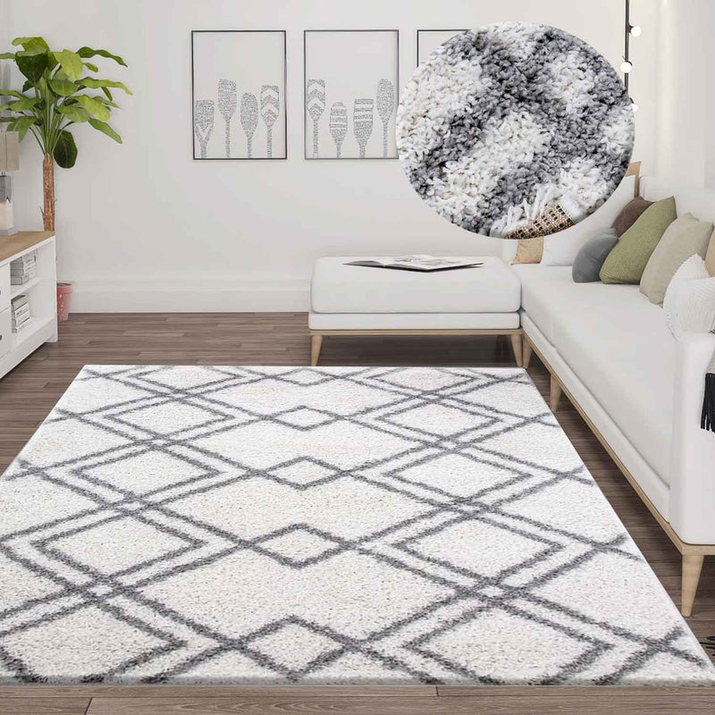 Hochflor Teppich, Weicher Wohnzimmer Shaggy Skandinavischer Stil Rauten-zoom-