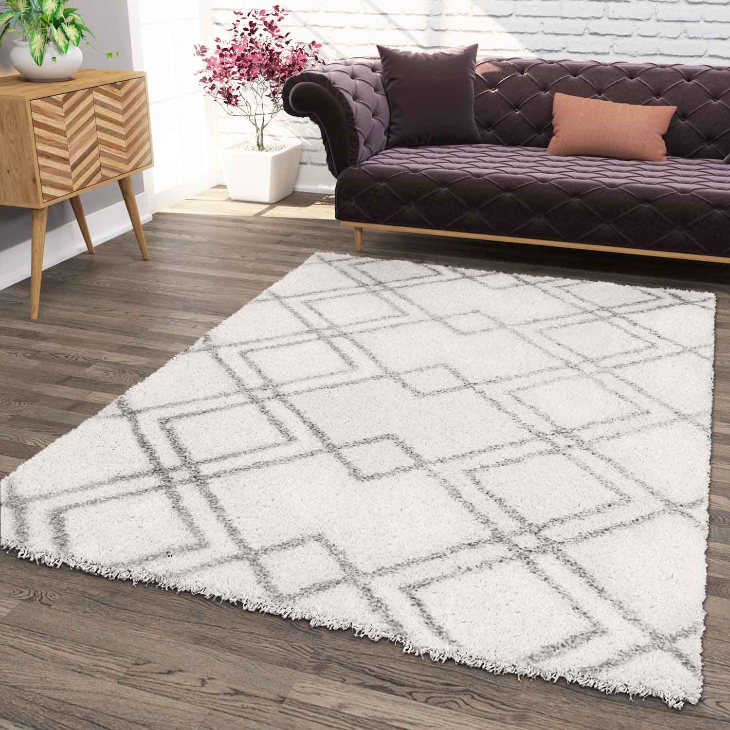 Hochflor Teppich, Weicher Wohnzimmer Shaggy Skandinavischer Stil Rauten-zoom-2