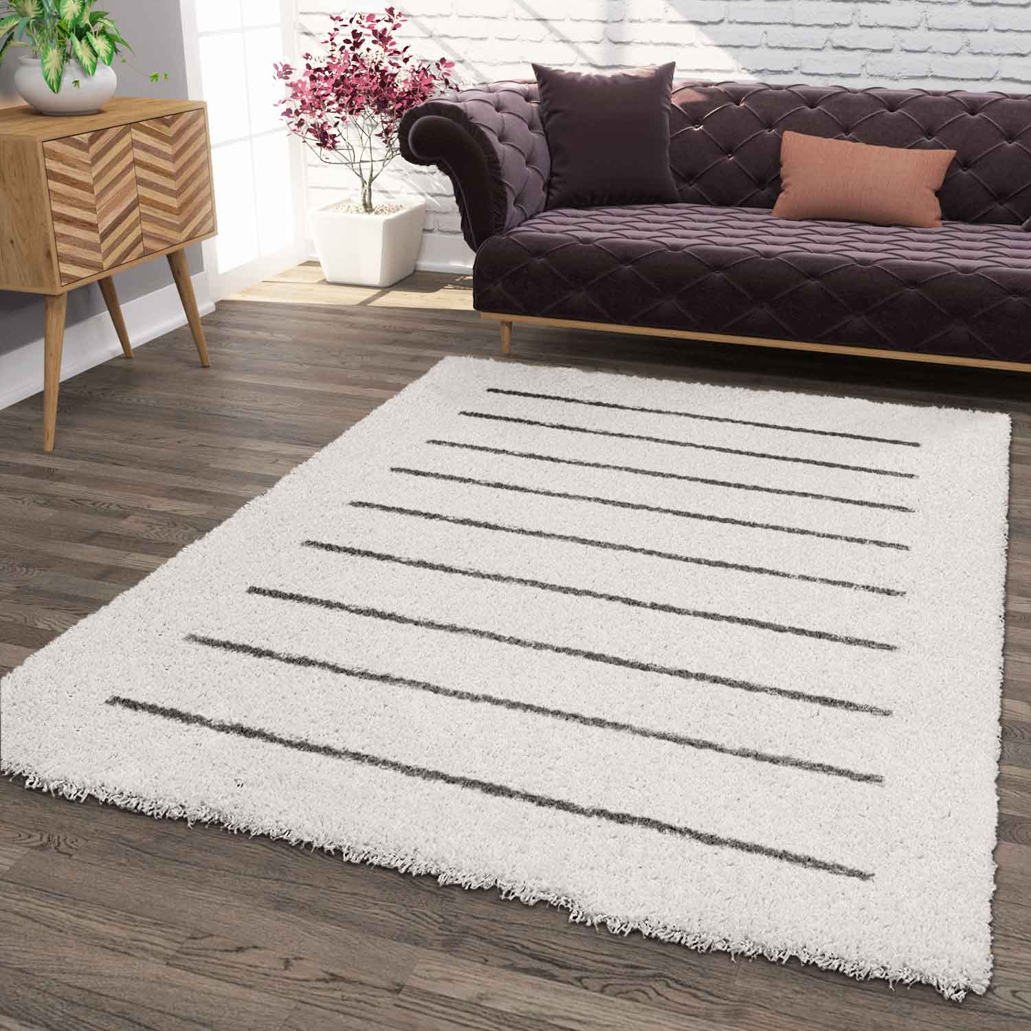 Hochflor Teppich, Weicher Wohnzimmer Shaggy Skandinavischer Stil Streifen-1