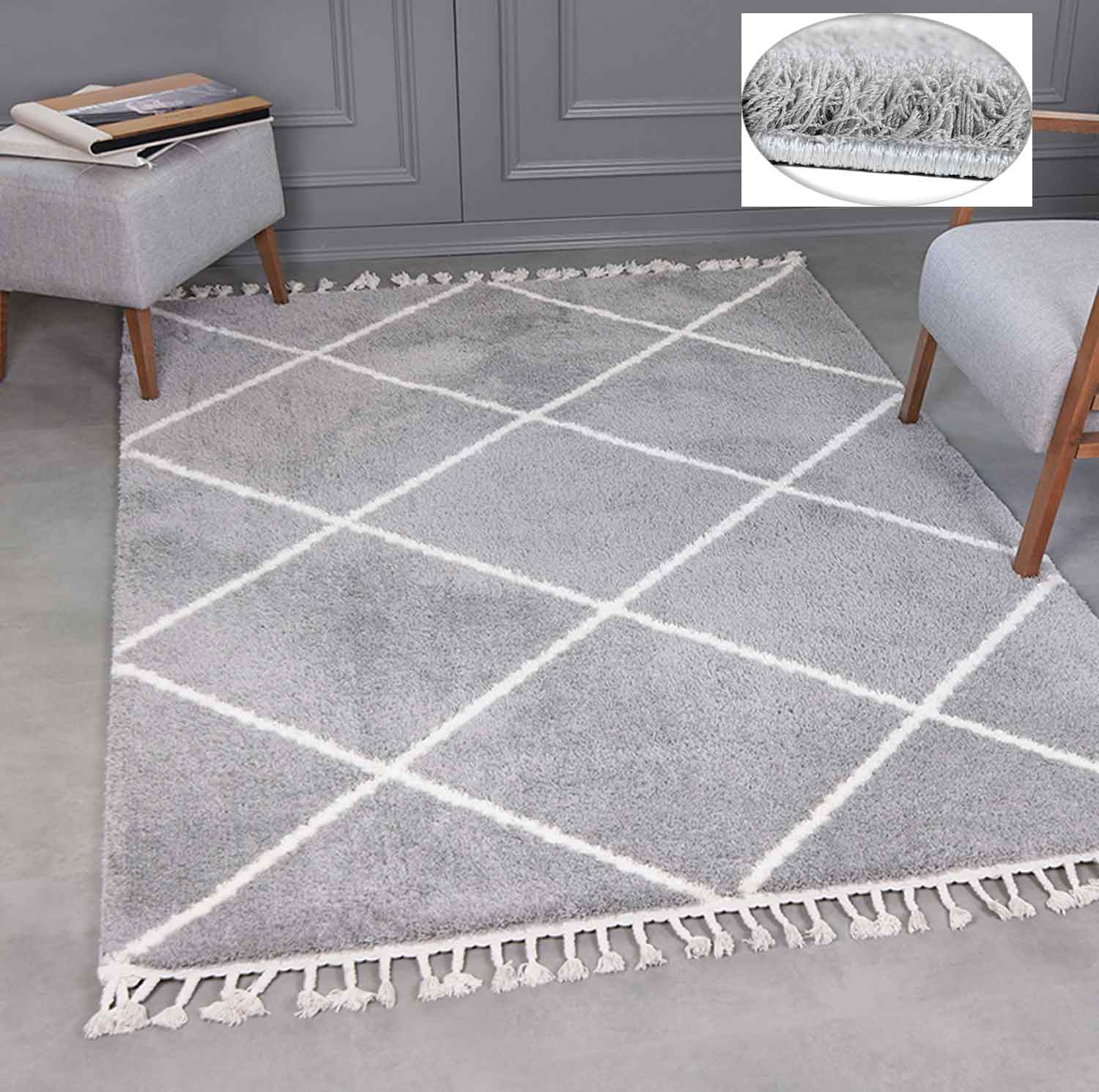 High-pile microfiber rug, super soft, for living room, in grey & cream, fluffy with fringes