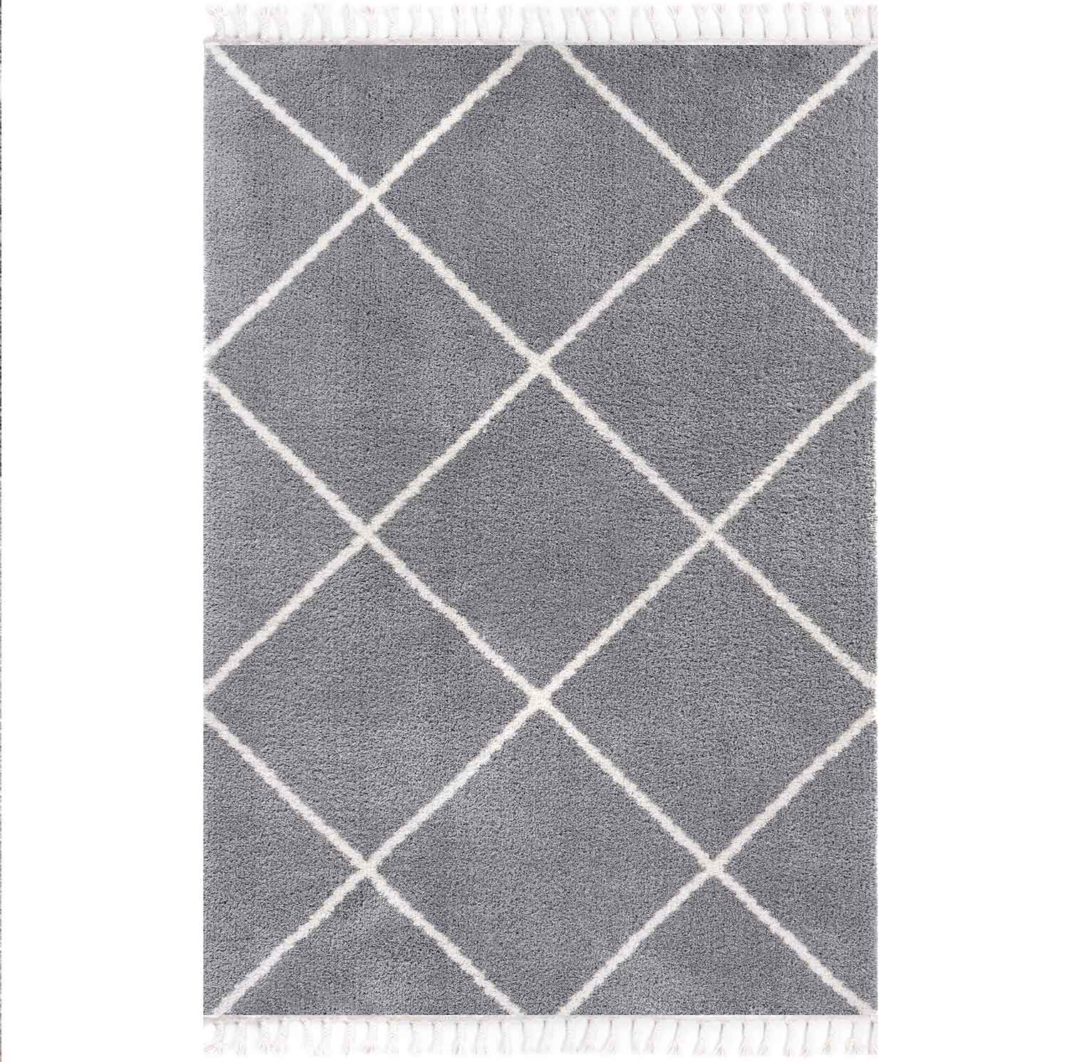 High-pile microfiber rug, super soft, for living room, in grey & cream, fluffy with fringes