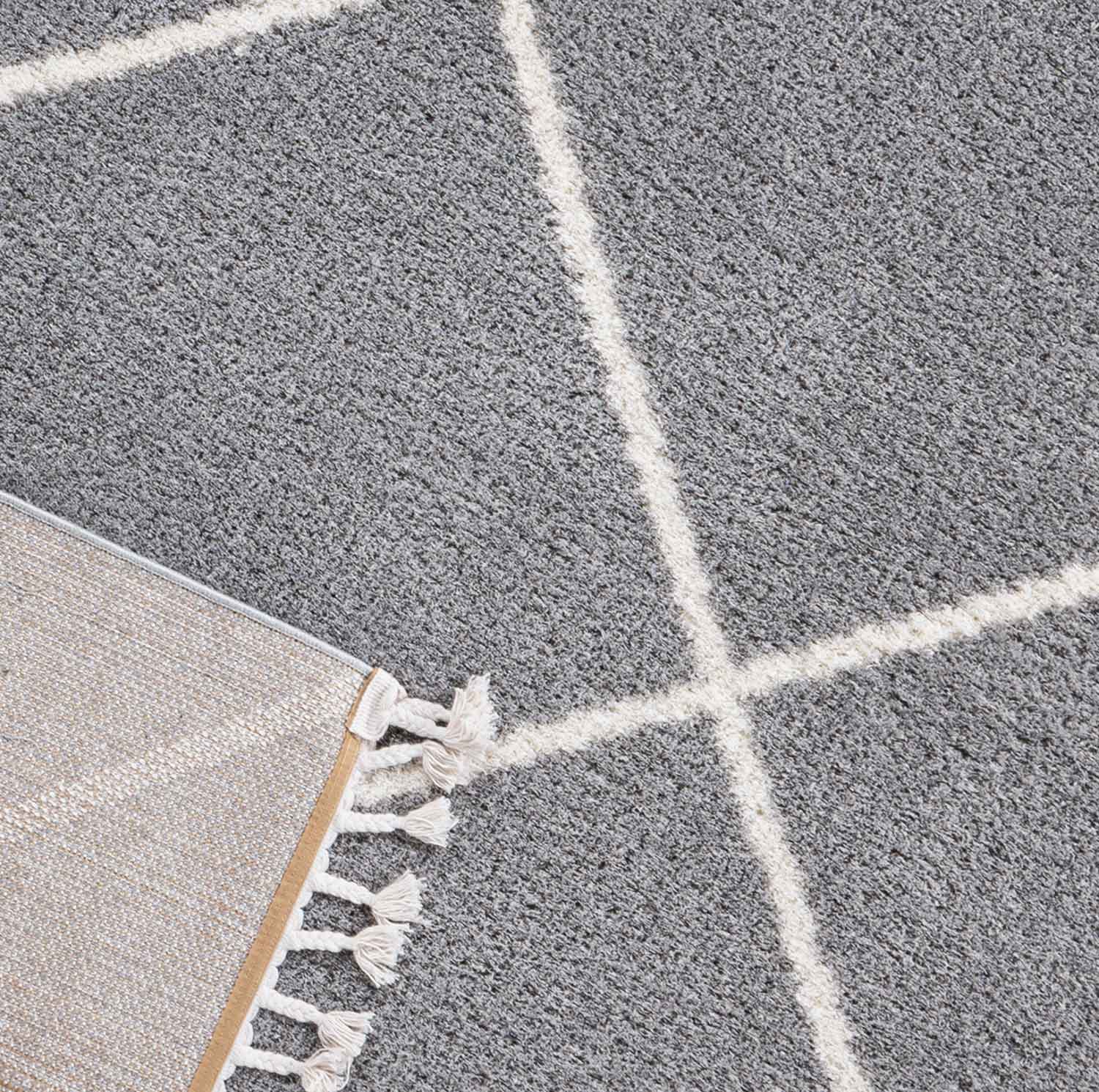 High-pile microfiber rug, super soft, for living room, in grey & cream, fluffy with fringes