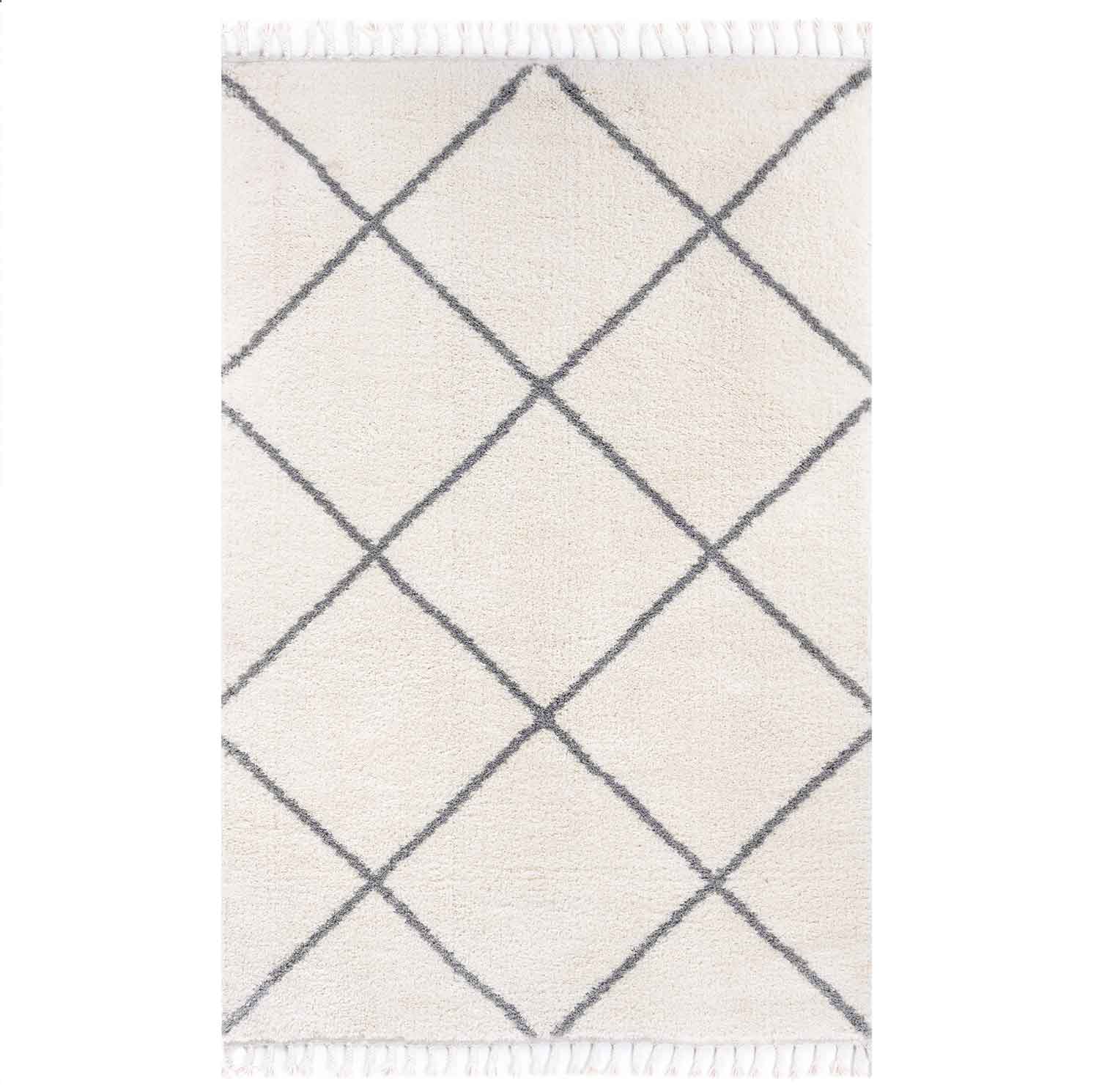 High-pile microfiber rug, super soft, for living room, in grey & cream, fluffy with fringes-zoom-7