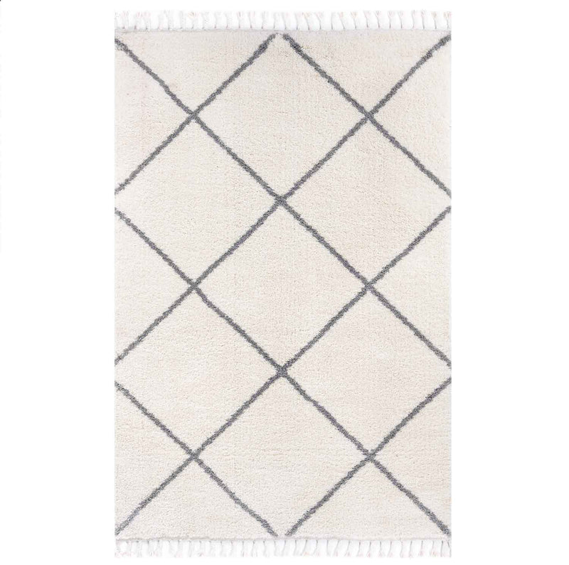 High-pile microfiber rug, super soft, for living room, in grey & cream, fluffy with fringes-zoom-