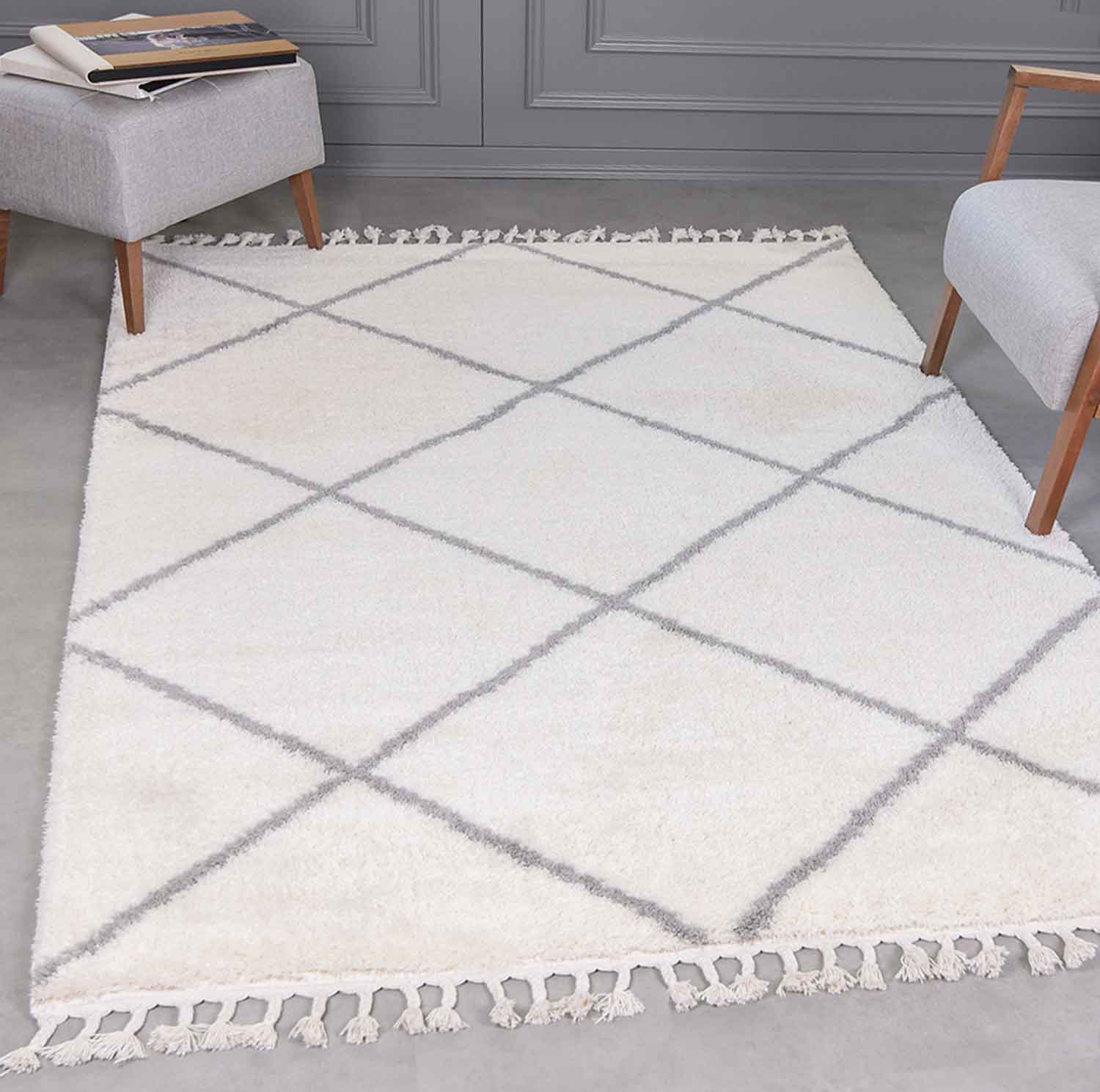 Hochflor Teppich Microfaser Super Weich Wohnzimmer in Creme Flauschig mit Franzen