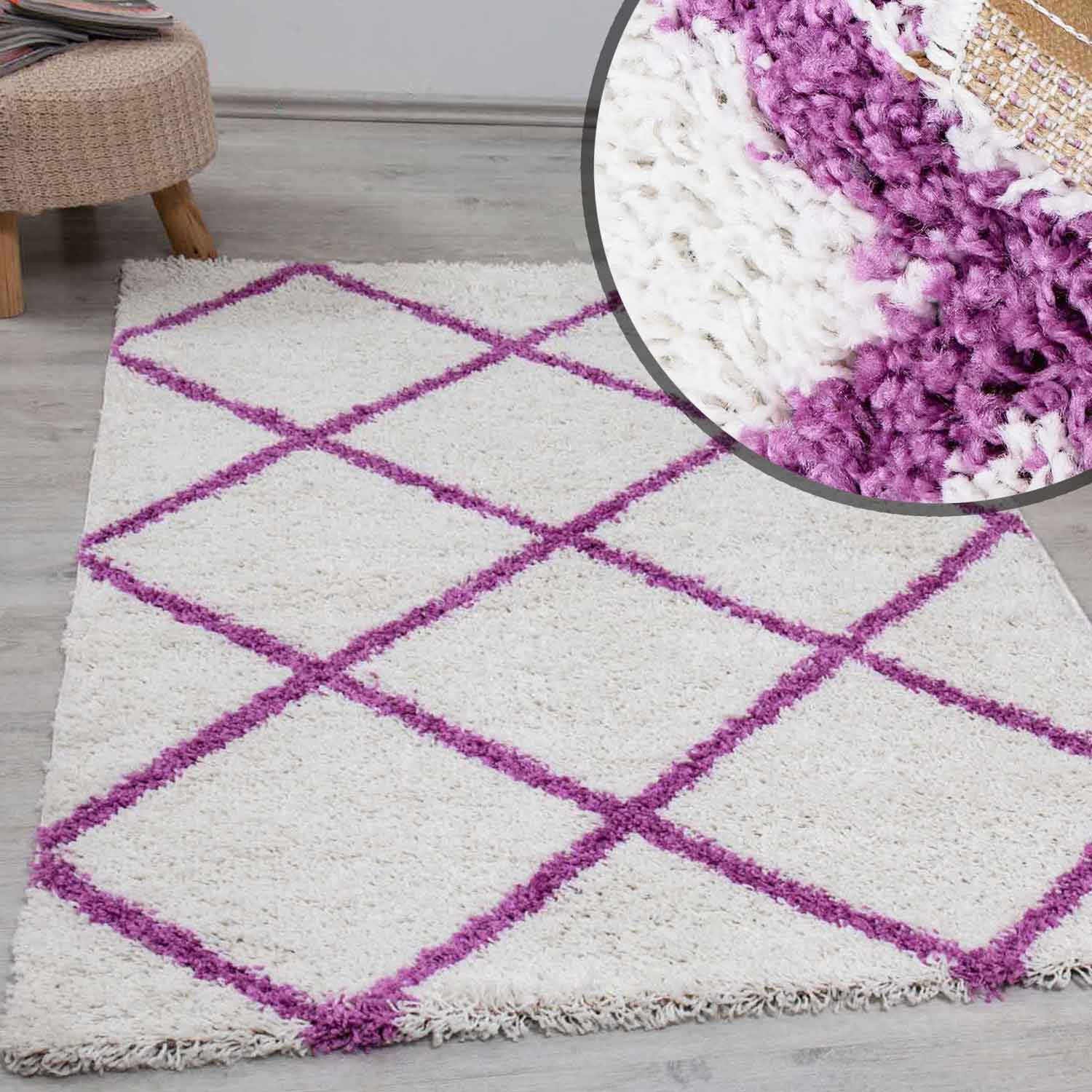 Hochflor Teppich Wohnzimmer Shaggy Rautenmuster Lila Creme Skandinavischer Stil weich Robust-1
