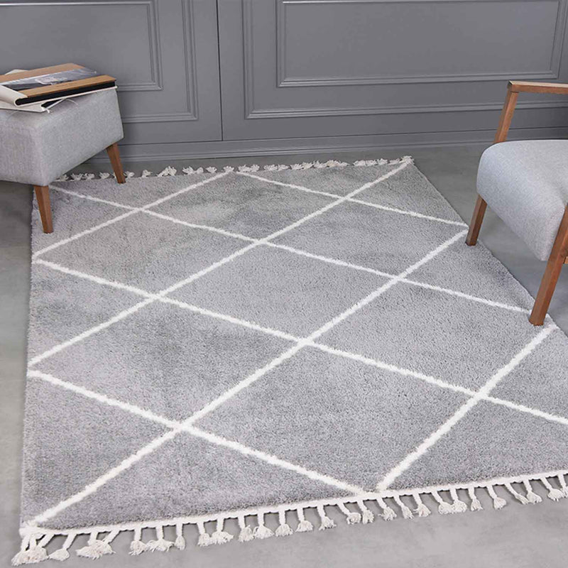 High-pile rug, super soft, for living room, grey, fluffy with fringes-zoom-