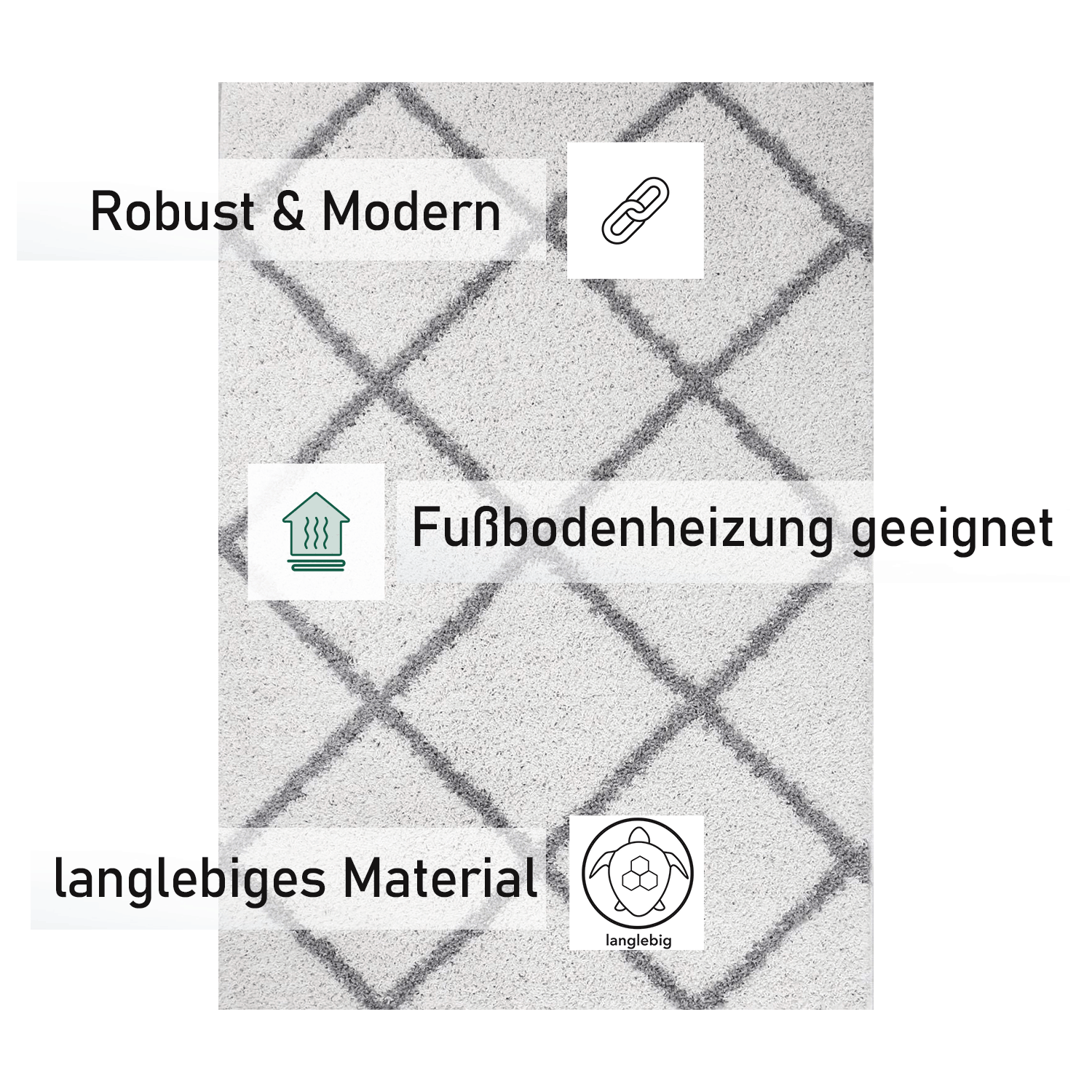 High-pile rug for living room, bedroom, kitchen, shaggy, Scandinavian diamond pattern-zoom-7