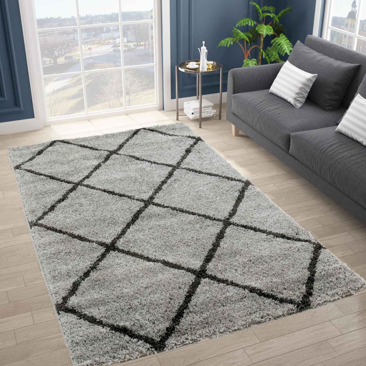 High-pile rug living room shaggy diamond pattern grey anthracite Scandi design durable ethnic-zoom-1