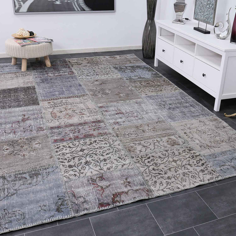 High-quality patchwork rug, hand-knotted wool rug in gray, one-of-a-kind piece; 200 x 290 cm - 3003-zoom-