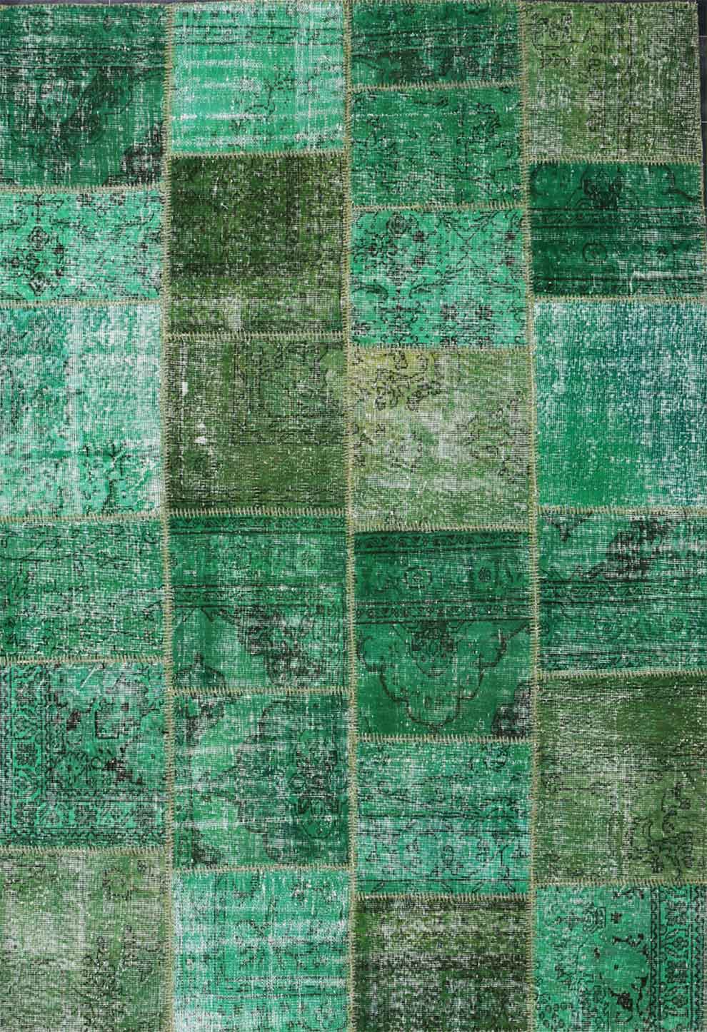 High-quality VINTAGE patchwork rug, original hand-knotted wool rug in green; 200 x 290 cm - 008-4
