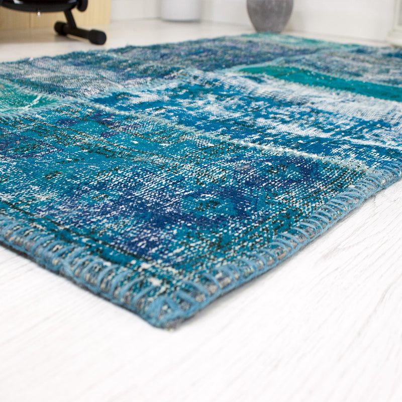 High-quality VINTAGE patchwork rug, original hand-knotted wool rug in turquoise blue; 70 x 140 cm - P0006A-zoom-