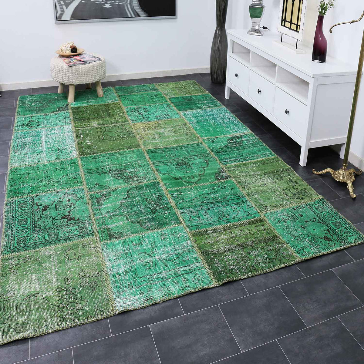 High-quality VINTAGE patchwork rug, original hand-knotted wool rug in green; 200 x 290 cm - 008