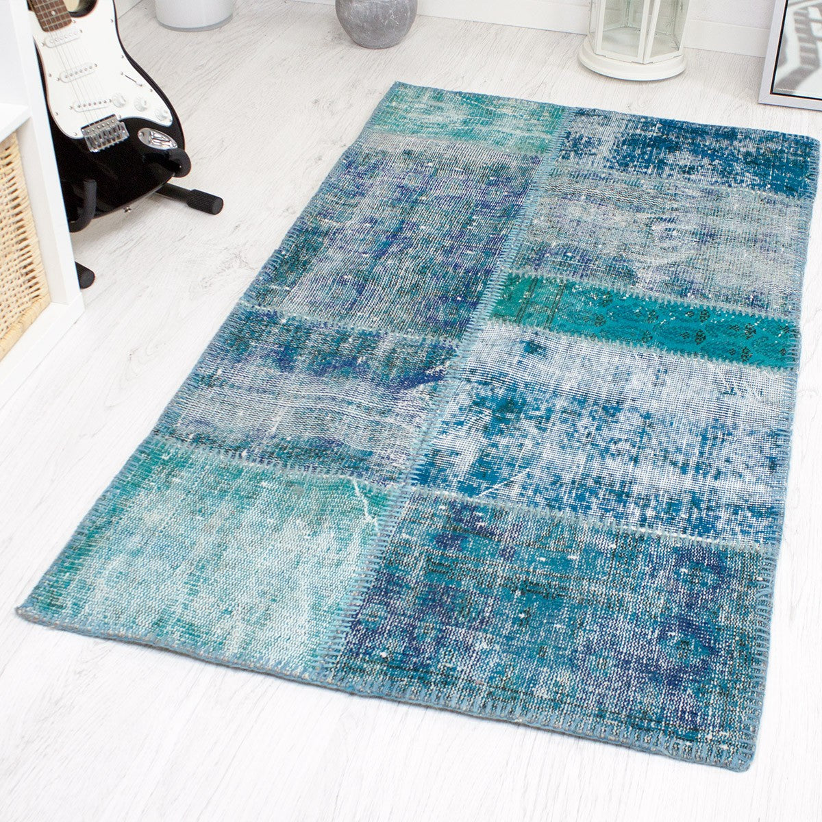 High-quality VINTAGE patchwork rug, original hand-knotted wool rug in turquoise blue; 70 x 140 cm - P0006A-1