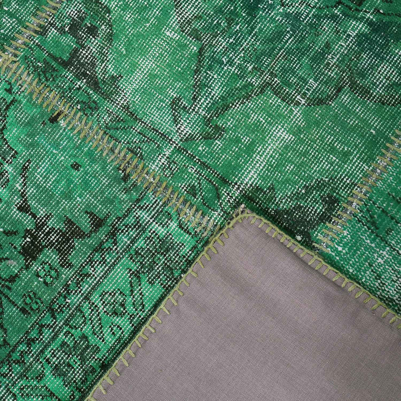High-quality VINTAGE patchwork rug, original hand-knotted wool rug in green; 200 x 290 cm - 008-zoom-